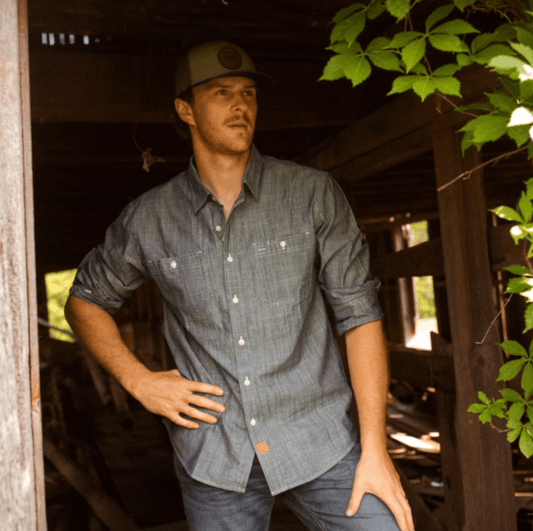 Montaro® Camisa de Trabajo de Chambray Azul Denim para Hombre, Manga Larga, Cierre Frontal con Botones y Bolsillo de Algodón - Montaro Espana