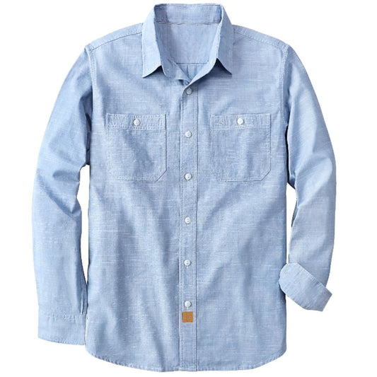 Montaro® Camisa de Hombre Chambray Azul Cielo, Manga Larga, Cierre Frontal con Botones, Bolsillo, Algodón Workshirt. - Montaro Espana