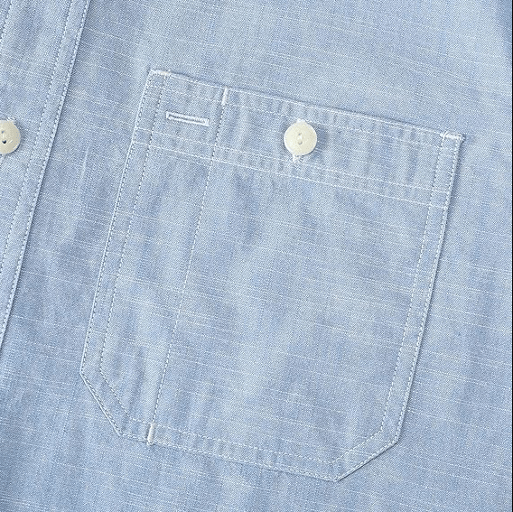 Montaro® Camisa de Hombre Chambray Azul Cielo, Manga Larga, Cierre Frontal con Botones, Bolsillo, Algodón Workshirt. - Montaro Espana