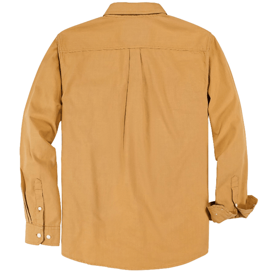 Montaro® Camisa de Hombre Chambray Naranja Hoja, Manga Larga, Cierre Frontal con Botones, Bolsillo, Algodón Workshirt. - Montaro Espana