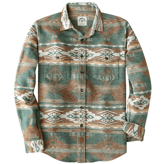 Montaro® Camisa de Hombre Ultra Pesada 10 oz, Estilo Azteca Naranja y Verde, Manga Larga, Botones, 100% Algodón, Franela Suave, Casual Cowboy y Utility. - Montaro Espana