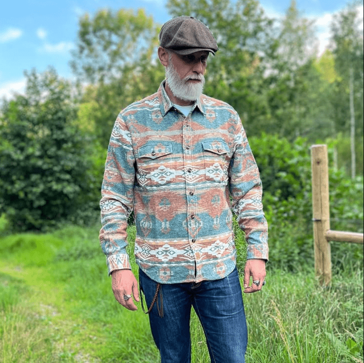 Montaro® Camisa de Hombre Ultra Pesada 10 oz, Estilo Azteca Naranja y Verde, Manga Larga, Botones, 100% Algodón, Franela Suave, Casual Cowboy y Utility. - Montaro Espana