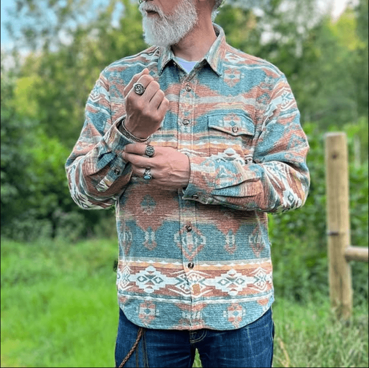 Montaro® Camisa de Hombre Ultra Pesada 10 oz, Estilo Azteca Naranja y Verde, Manga Larga, Botones, 100% Algodón, Franela Suave, Casual Cowboy y Utility. - Montaro Espana