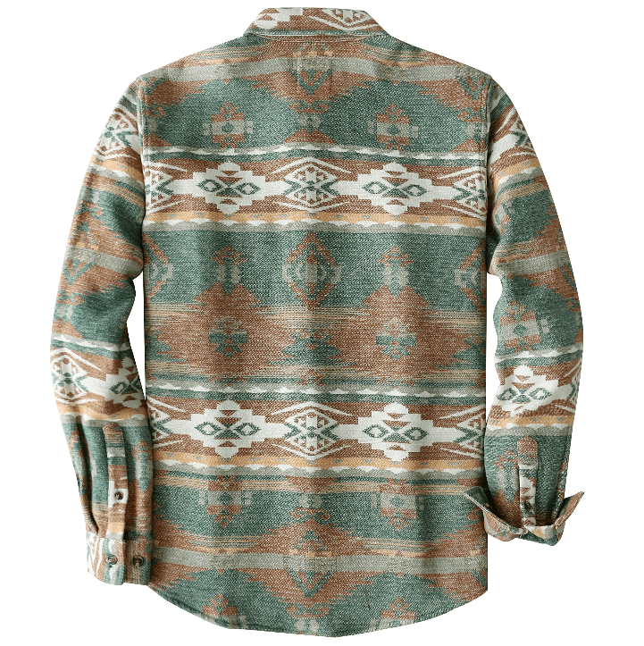 Montaro® Camisa de Hombre Ultra Pesada 10 oz, Estilo Azteca Naranja y Verde, Manga Larga, Botones, 100% Algodón, Franela Suave, Casual Cowboy y Utility. - Montaro Espana