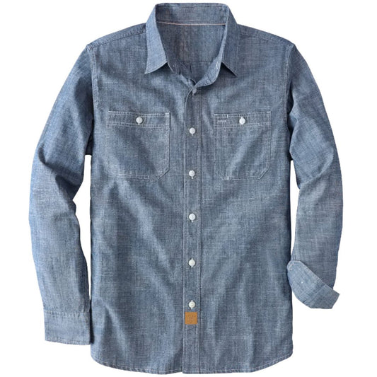 Montaro® Camisa de Trabajo de Chambray Azul Denim para Hombre, Manga Larga, Cierre Frontal con Botones y Bolsillo de Algodón - Montaro Espana